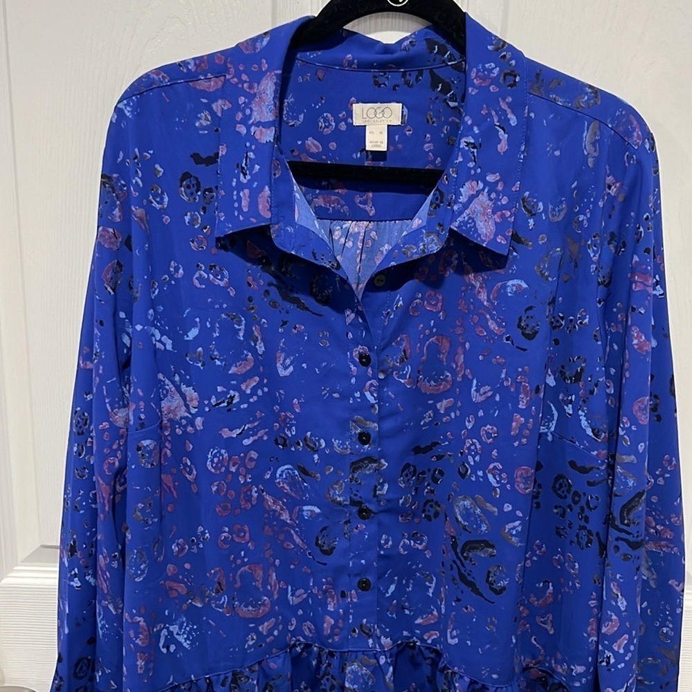 LOGO Lori Goldstein purple floral long sleeve peblum tunic top XL - Picture 3 of 7